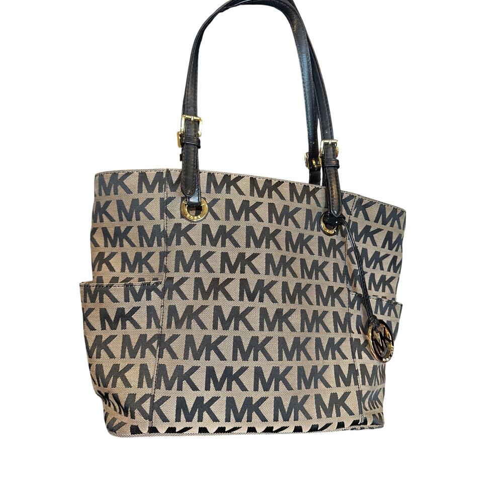 Michael Kors Jet Set East West Signature Tote Canvas Tan Black Y2K